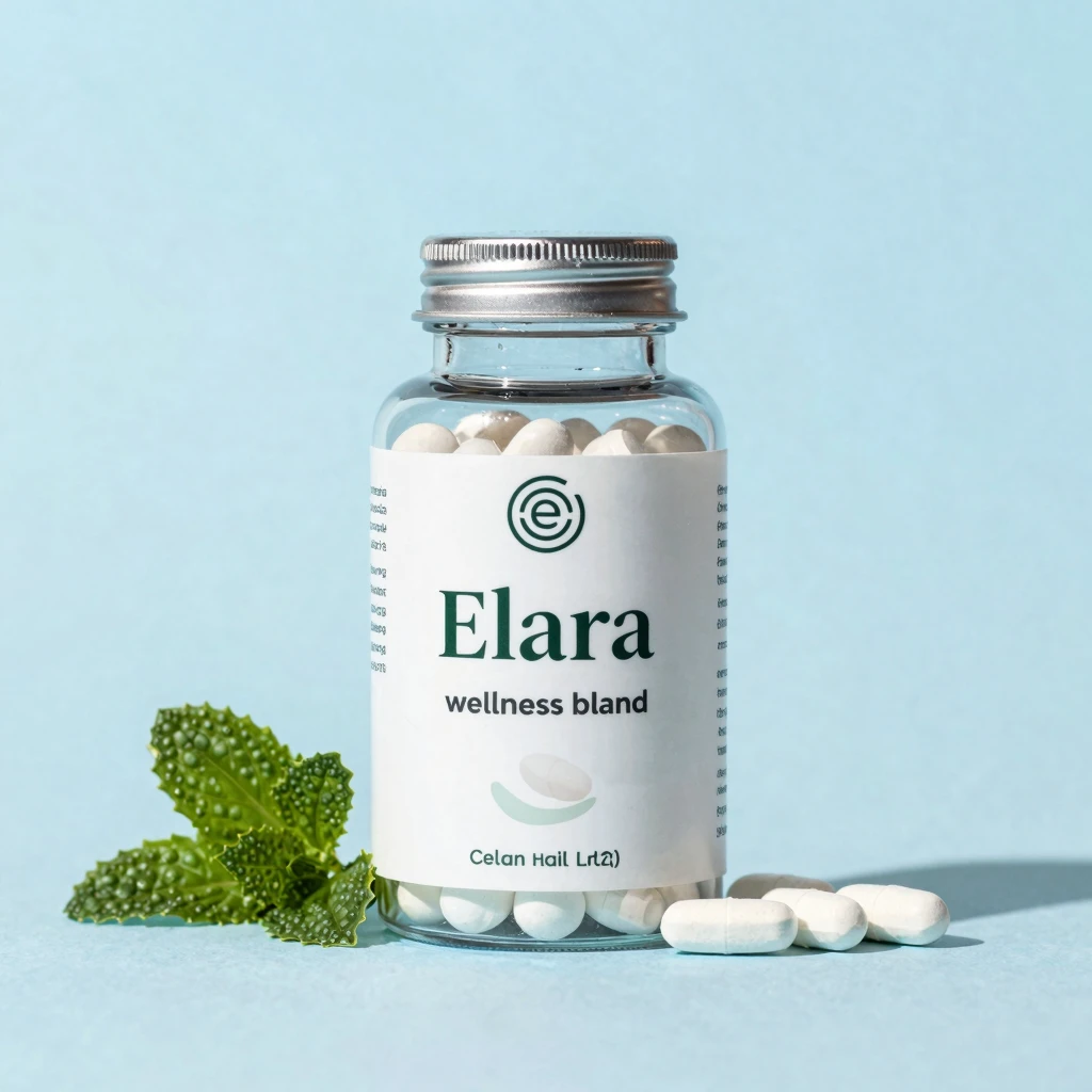Elara daily wellness blend bottle with soft gradient lighting